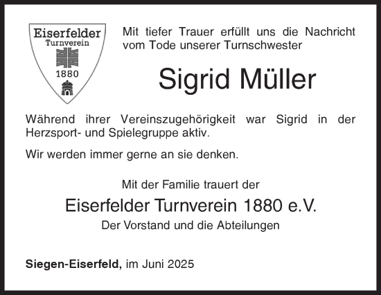 Traueranzeige von Sigrid Müller von Siegener Zeitung