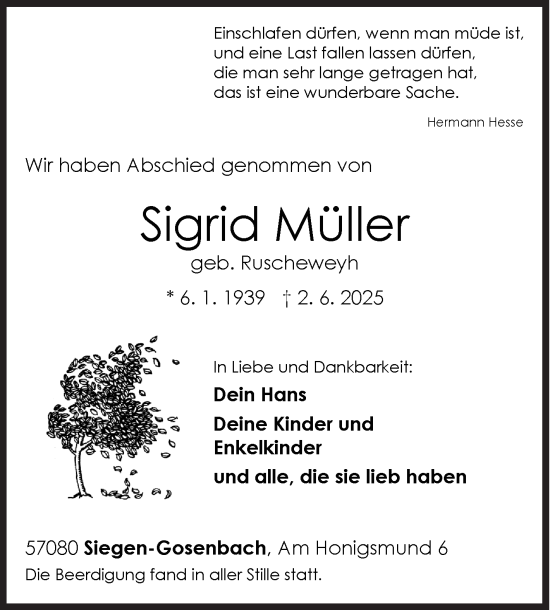 Traueranzeige von Sigrid Müller von Siegener Zeitung