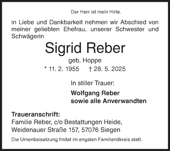 Traueranzeige von Sigrid Reber von Siegener Zeitung