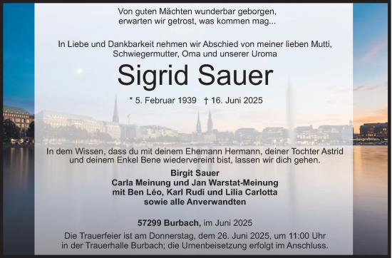 Traueranzeige von Sigrid Sauer von Siegener Zeitung