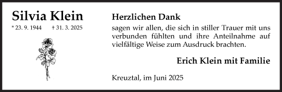 Traueranzeige von Silvia Klein von Siegener Zeitung