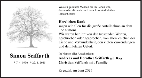 Traueranzeige von Simon Seiffarth von Siegener Zeitung