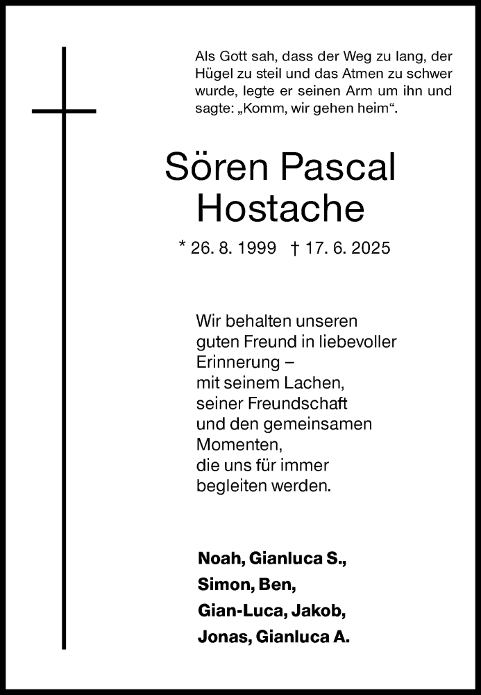  Traueranzeige für Sören Pascal Hostache vom 25.06.2025 aus Siegener Zeitung