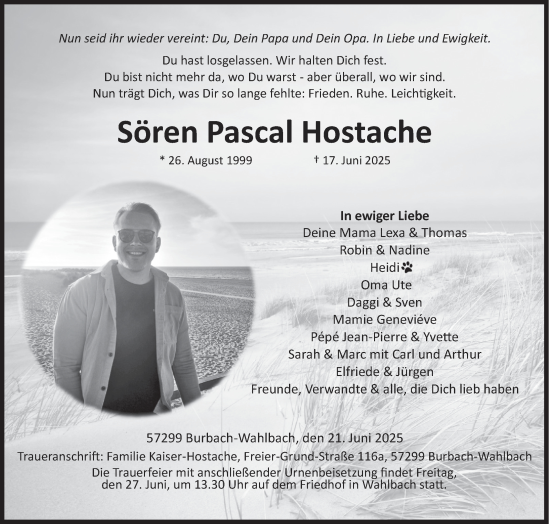 Traueranzeige von Sören Pascal Hostache von Siegener Zeitung