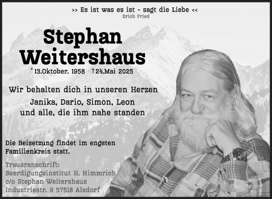 Traueranzeige von Stephan Weitershaus von Siegener Zeitung