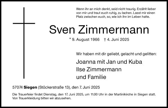 Traueranzeige von Sven Zimmermann von Siegener Zeitung