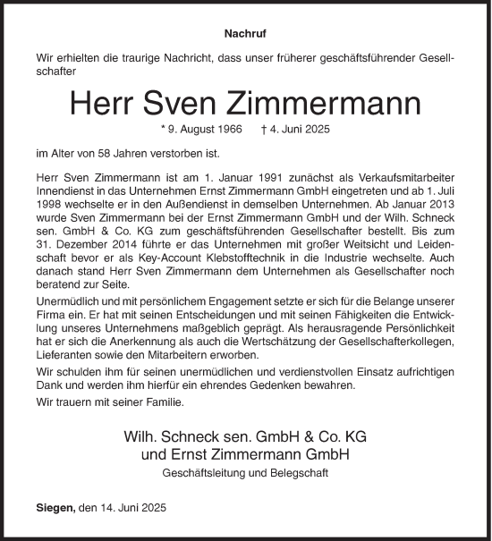 Traueranzeige von Sven Zimmermann von Siegener Zeitung