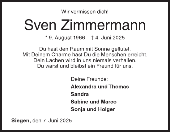 Traueranzeige von Sven Zimmermann von Siegener Zeitung
