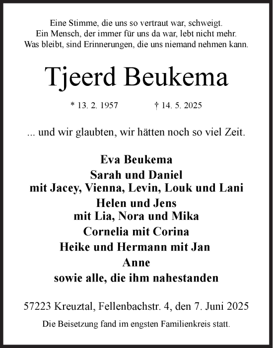 Traueranzeige von Tjeerd Beukema von Siegener Zeitung