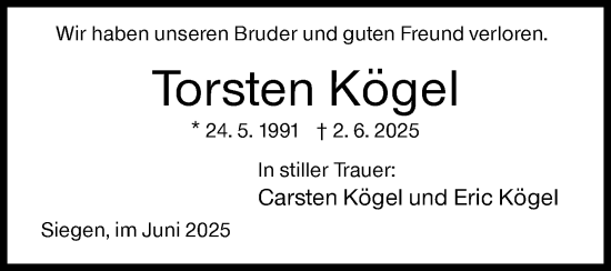 Traueranzeige von Torsten Kögel von Siegener Zeitung