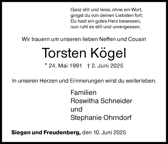 Traueranzeige von Torsten Kögel von Siegener Zeitung