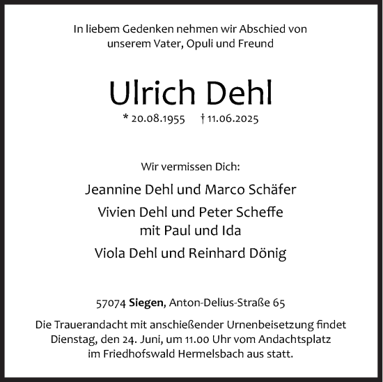 Traueranzeige von Ulrich Dehl von Siegener Zeitung