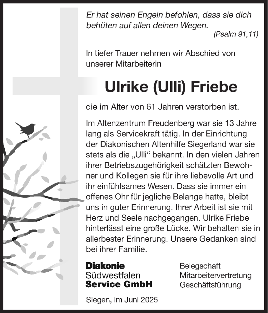  Traueranzeige für Ulrike Friebe vom 21.06.2025 aus Siegener Zeitung