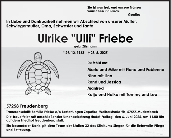 Traueranzeige von Ulrike Friebe von Siegener Zeitung