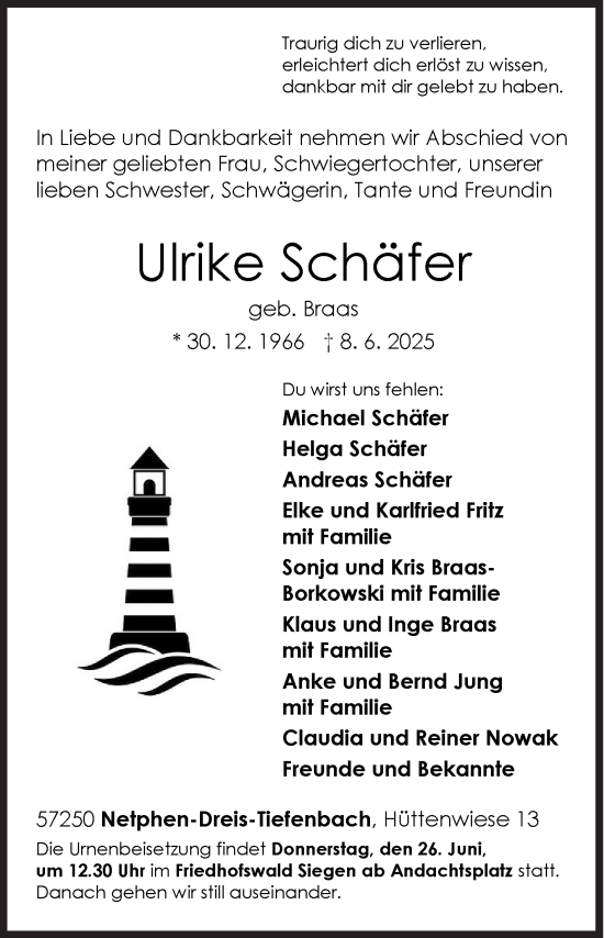 Traueranzeige von Ulrike Schäfer von Siegener Zeitung