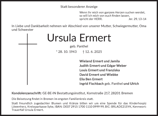 Traueranzeige von Ursula Ermert von Siegener Zeitung