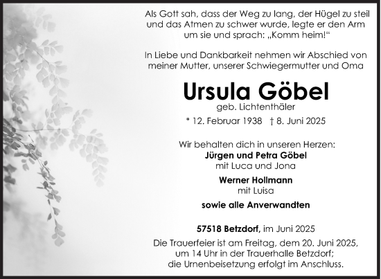 Traueranzeige von Ursula Göbel von Siegener Zeitung