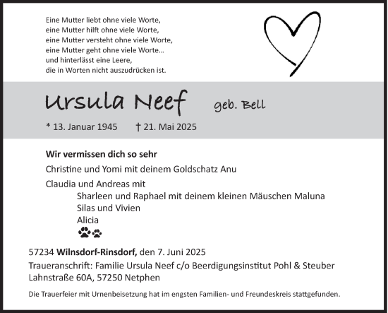 Traueranzeige von Ursula Neef von Siegener Zeitung