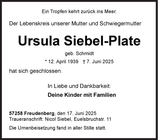 Traueranzeige von Ursula Siebel-Plate von Siegener Zeitung