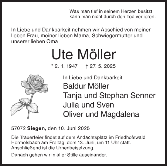 Traueranzeige von Ute Möller von Siegener Zeitung