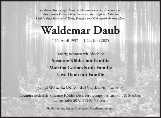 Traueranzeige von Waldemar Daub von Siegener Zeitung