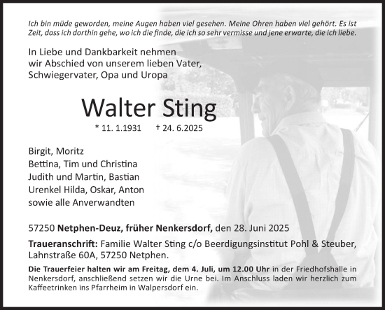 Traueranzeige von Walter Sting von Siegener Zeitung