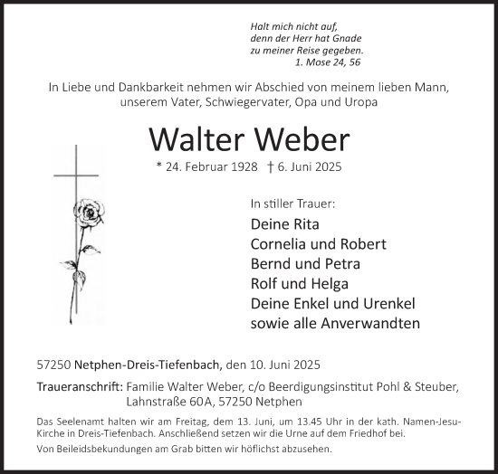 Traueranzeige von Walter Weber von Siegener Zeitung