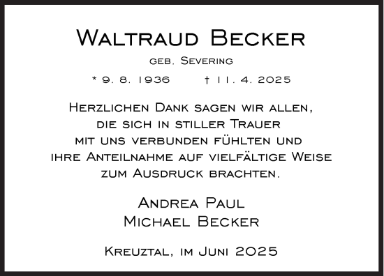 Traueranzeige von Waltraud Becker von Siegener Zeitung