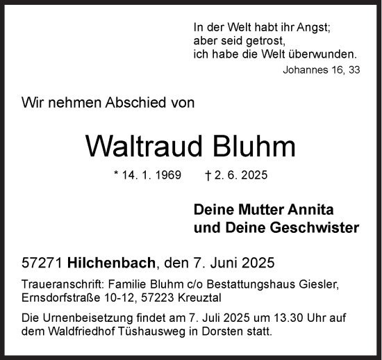 Traueranzeige von Waltraud Bluhm von Siegener Zeitung
