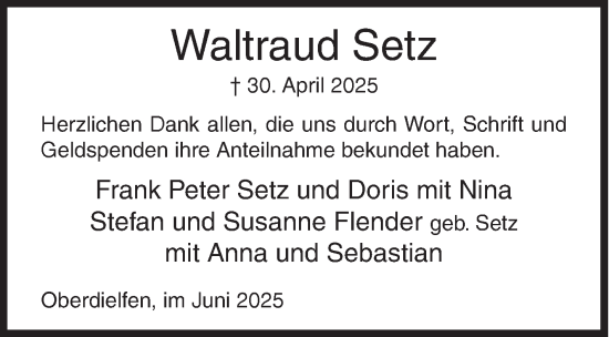 Traueranzeige von Waltraud Setz von Siegener Zeitung