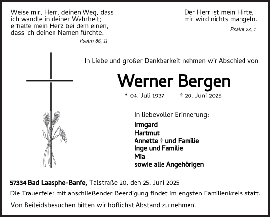 Traueranzeige von Werner Bergen von Siegener Zeitung