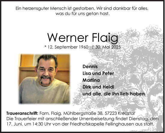 Traueranzeige von Werner Flaig von Siegener Zeitung