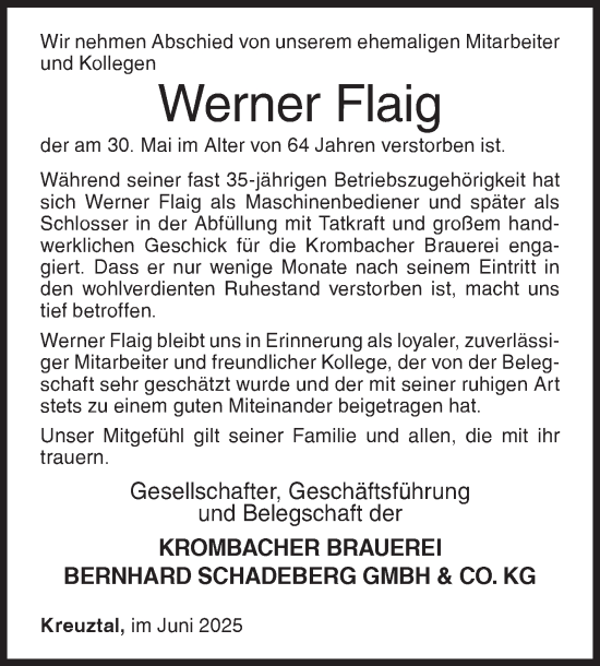 Traueranzeige von Werner Flaig von Siegener Zeitung