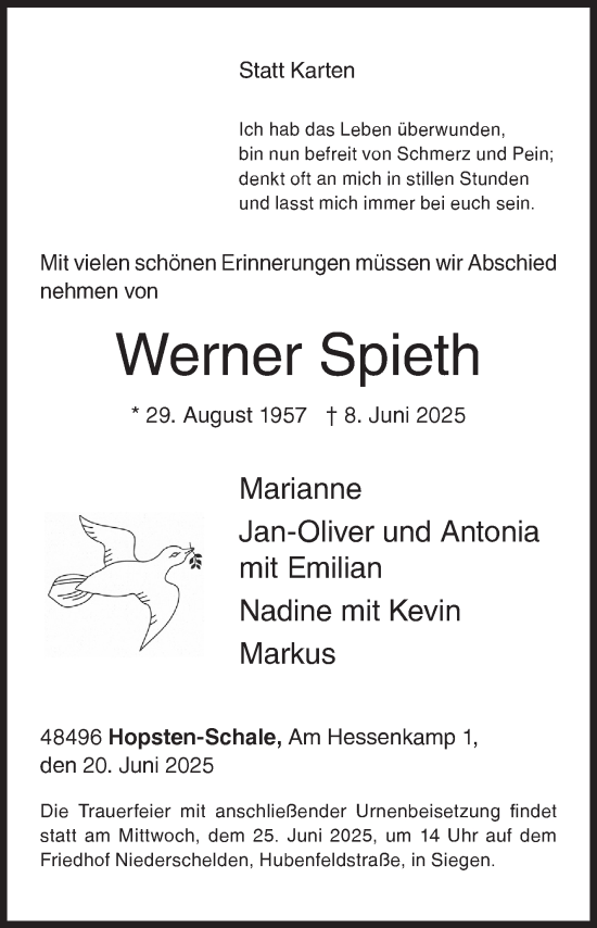 Traueranzeige von Werner Spieth von Siegener Zeitung
