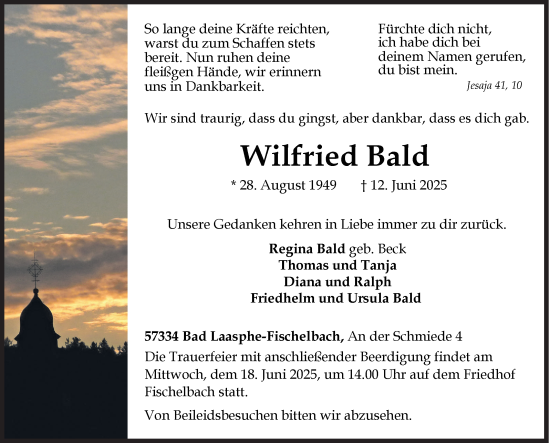 Traueranzeige von Wilfried Bald von Siegener Zeitung