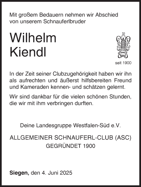 Traueranzeige von Wilhelm Kiendl von Siegener Zeitung