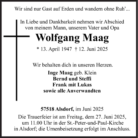 Traueranzeige von Wolfgang Maag von Siegener Zeitung