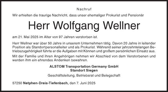 Traueranzeige von Wolfgang Wellner von Siegener Zeitung