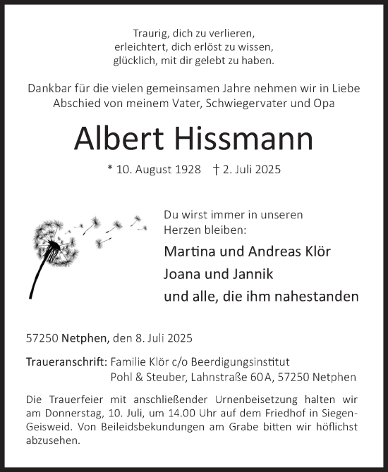 Traueranzeige von Albert Hissmann von Siegener Zeitung