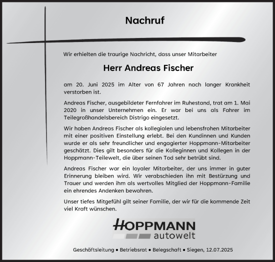 Traueranzeige von Andreas Fischer von Siegener Zeitung
