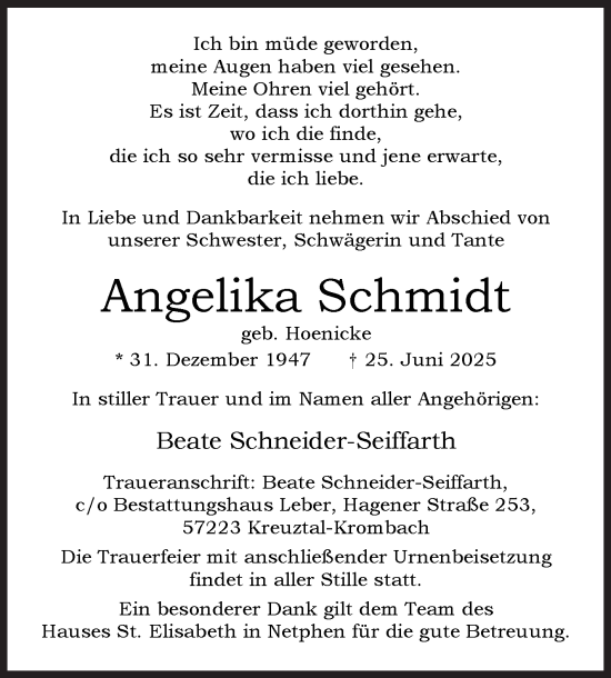 Traueranzeige von Angelika Schmidt von Siegener Zeitung