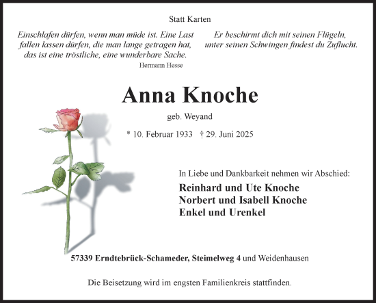 Traueranzeige von Anna Knoche von Siegener Zeitung