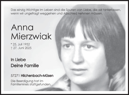 Traueranzeige von Anna Mierzwiak von Siegener Zeitung