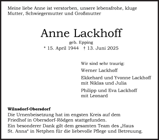 Traueranzeige von Anne Lackhoff von Siegener Zeitung