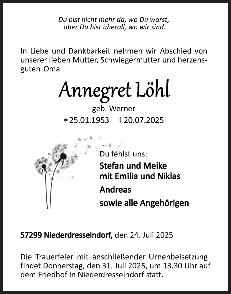  Traueranzeige für Annegret Löhl vom 24.07.2025 aus Siegener Zeitung