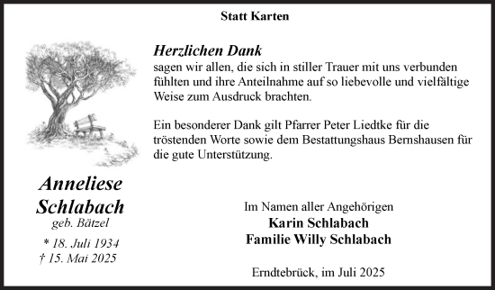 Traueranzeige von Anneliese Schlabach von Siegener Zeitung