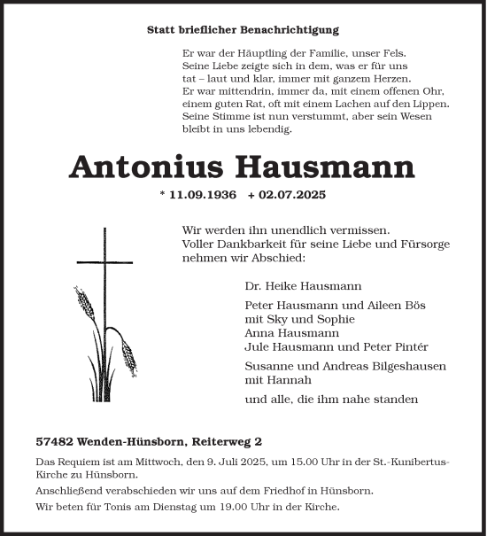 Traueranzeige von Antonius Hausmann von Siegener Zeitung