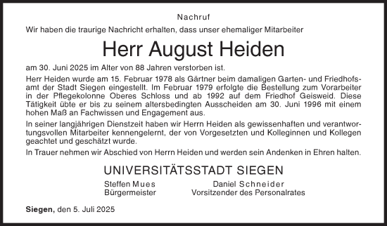 Traueranzeige von August Heiden von Siegener Zeitung