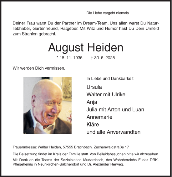 Traueranzeige von August Heiden von Siegener Zeitung