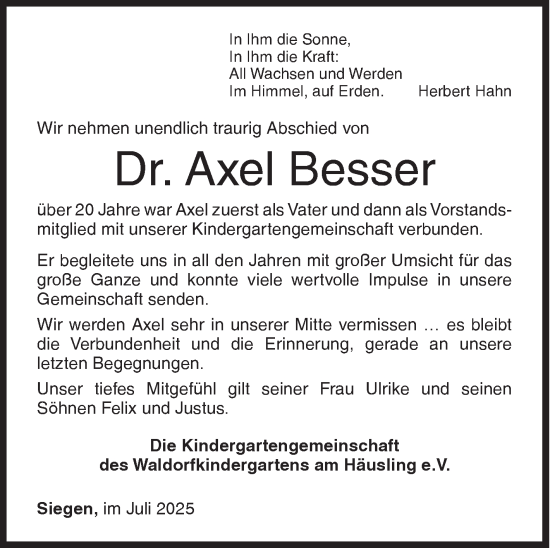 Traueranzeige von Axel Besser von Siegener Zeitung